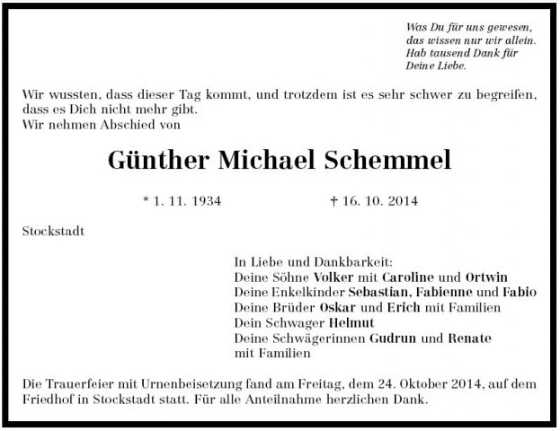 Schemmel Michael 1934-2014 Todesanzeige